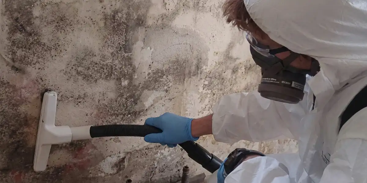 professional mold removal technician wearing protective equipment removing mold from a wall in Richmond, VA